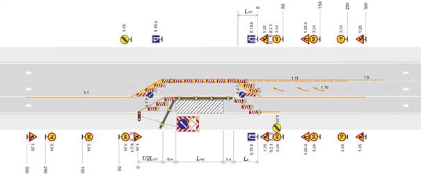 Двухполосиая дорога. Рабочая зона долговременных работ на всей ширине проезжей части. Пропуск транспортных средств по существующим дорогам