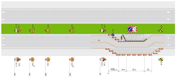 Автомагистраль, скоростная дорога, четырехполосная дорога обычного типа с разделительной полосой. Рабочая зона долговременных работ на крайней левой полосе. Пропуск транспортных средств по одной полосе