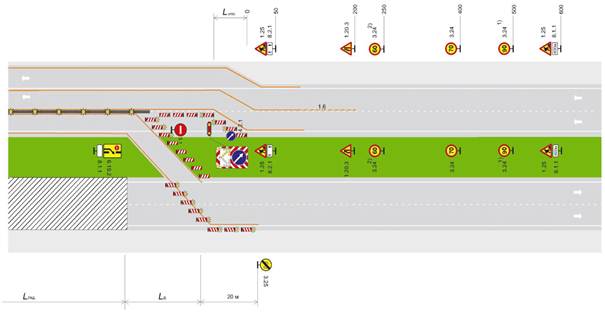 Автомагистраль, скоростная дорога, многополосная дорога обычного типа с разделительной полосой. Рабочая зона долговременных работ на всей ширине проезжей части. Пропуск транспортных средств по полосе встречного движения с переводом через разделительную полосу, встречных транспортных средств - по существующей полосе и обочине