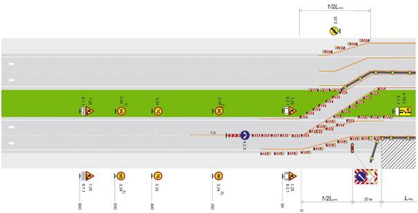 Автомагистраль, скоростная дорога, многополосная дорога обычного типа с разделительной полосой. Рабочая зона долговременных работ на всей ширине проезжей части. Пропуск транспортных средств по полосе встречного движения с переводом через разделительную полосу, встречных транспортных средств - по существующей полосе и обочине