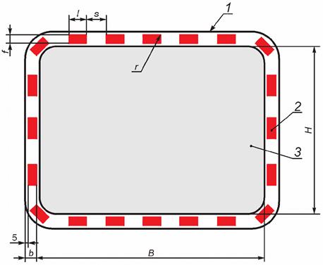Цветографическое изображение полос сигнального и   контрастного цветов на окантовке зеркал в соотношении ее   размеров со светоотражающими элементами