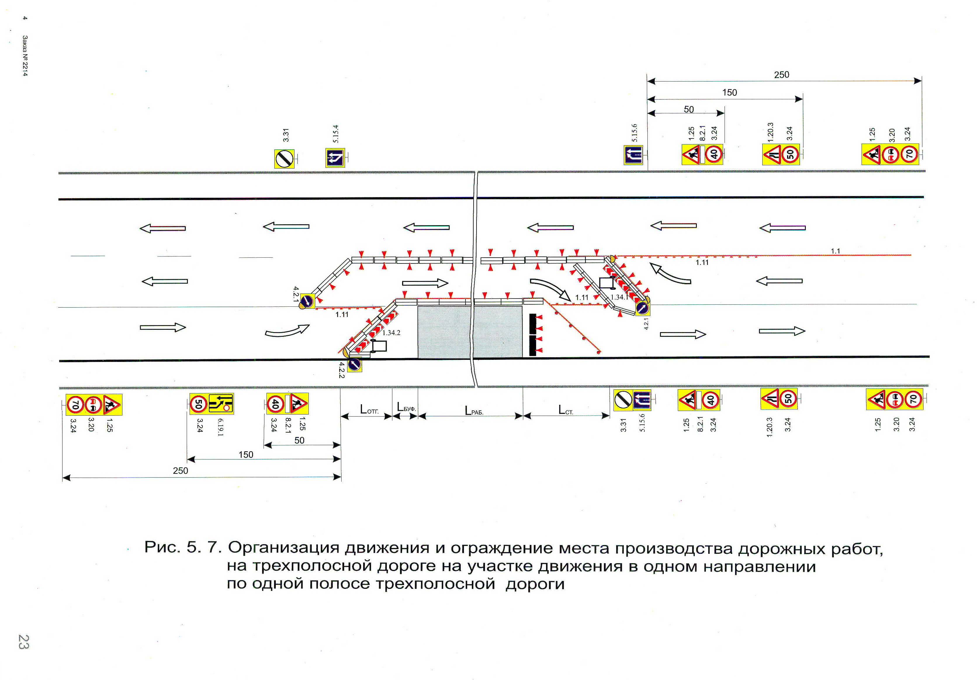 Организация движения и ограждение места производства дорожных работ, на трехполосной дороге на участке движения в одном направлении по одной полосе трехполосной дороги