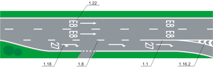 Вид горизонтальной дорожной разметки 1.1, 1.8, 1.16.2, 1.18, 1.22